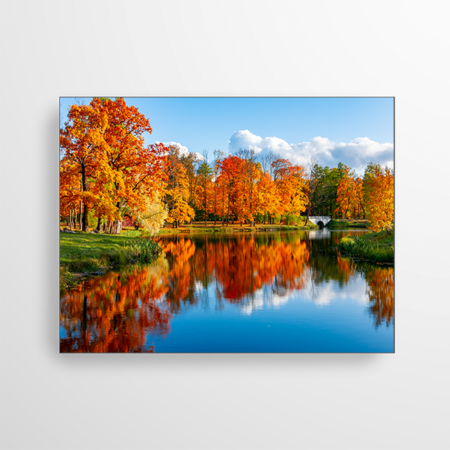 Das Bild zeigt ein Herbstmotiv. Die Blätter der Bäume sind rot-orange gefärbt und spiegeln sich in dem See.