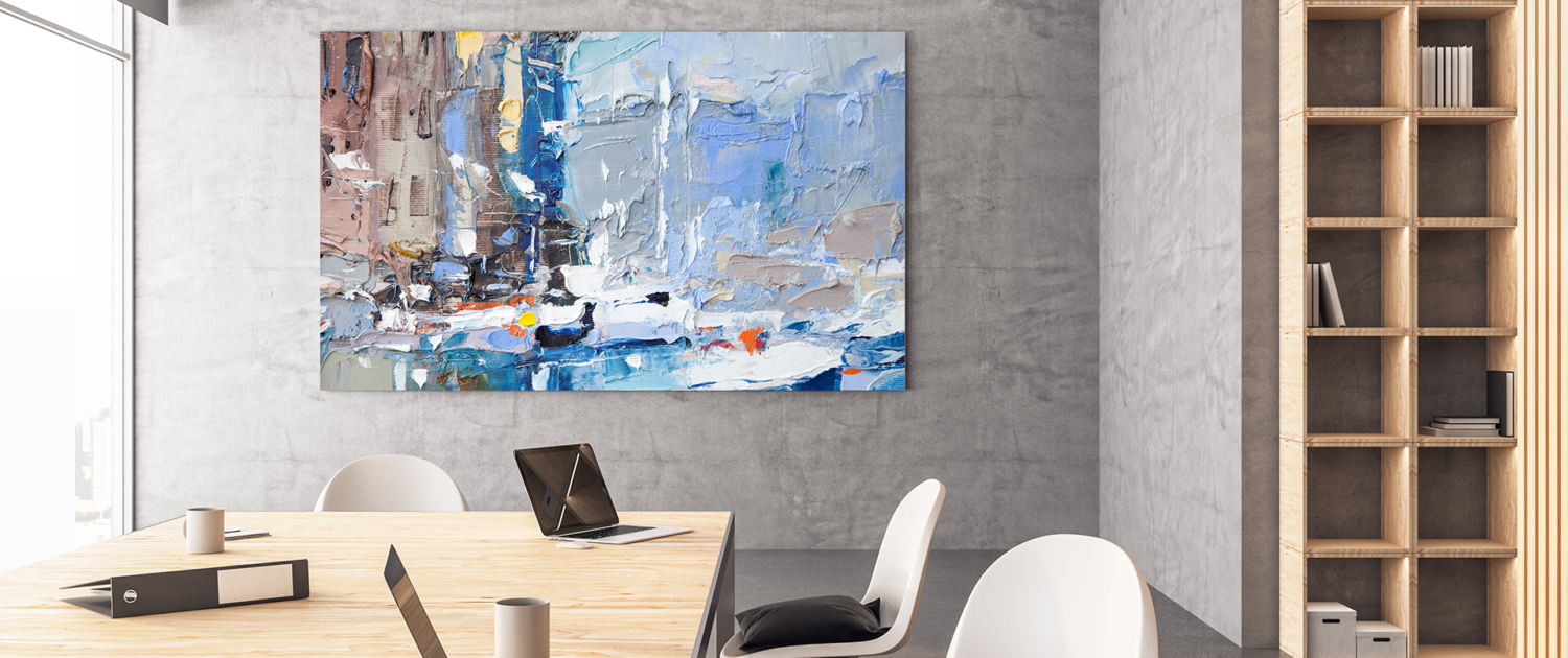 Büro Räume, in denen ein schallabsorbierendes Akustikbild hängt. Das Motiv ist ein Gemälde / Kunstwerk von Frank Wagner.