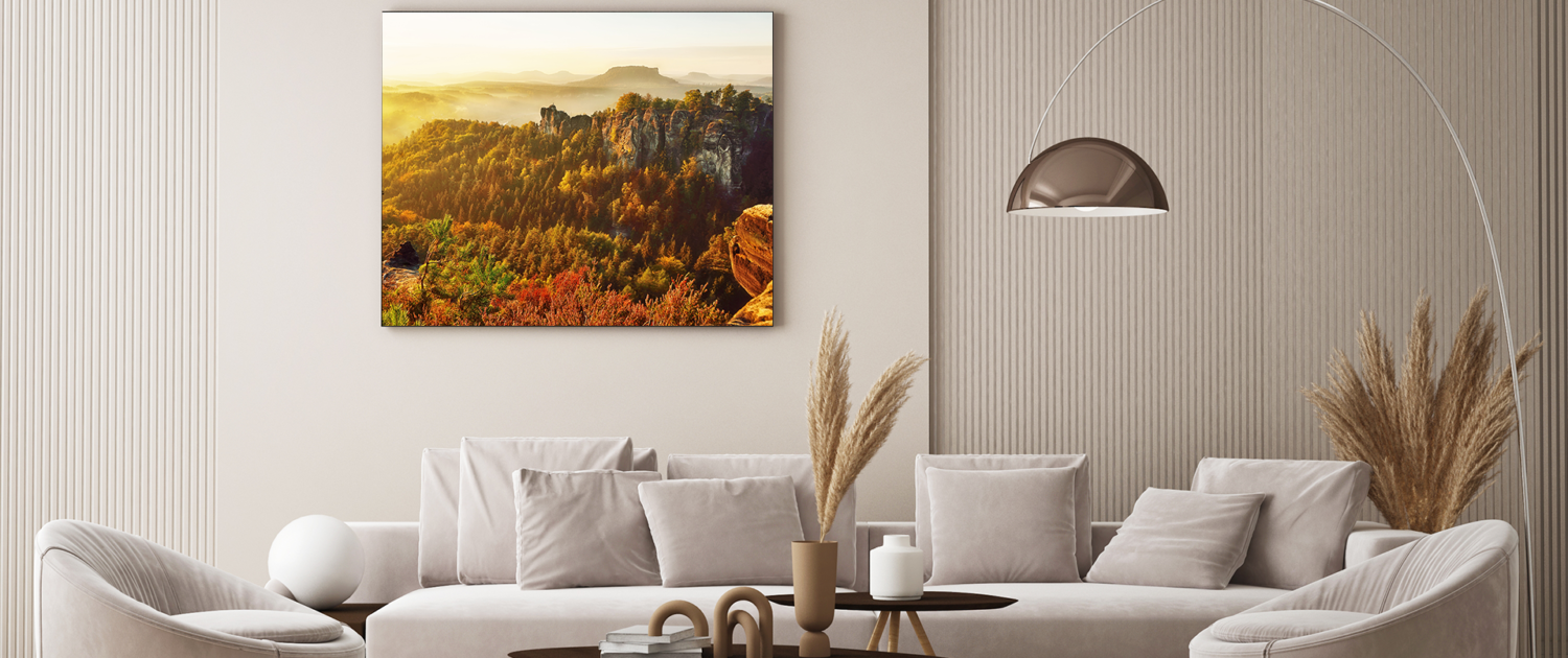 Herbst Akustikbild im Wohnzimmer oder Büro zur Raumgestaltung mit dem Motiv der Bastei Berge in Sachsen