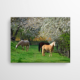 Dieses Akustikbild zeigt das malerische Landidyll in einer atemberaubenden Kulisse. 3 Pferde grasen auf einer strahlend grünen Wiese, während die Baumkronen über ihren Köpfen weiß blühen.